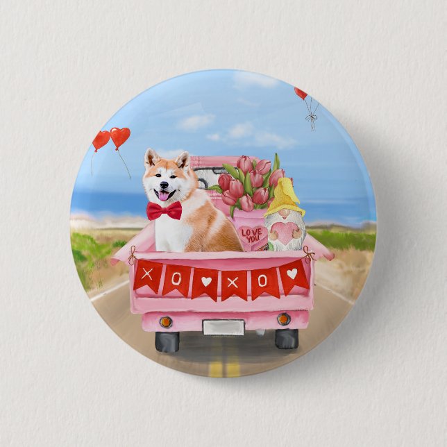 Akita Dog Valentine's Day Truck Hearts Button (Front)
