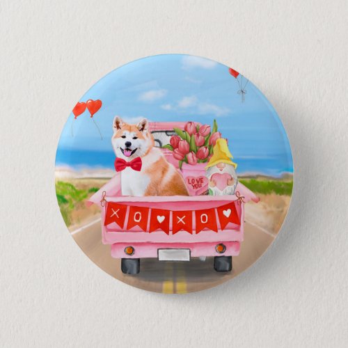 Akita Dog Valentines Day Truck Hearts Button