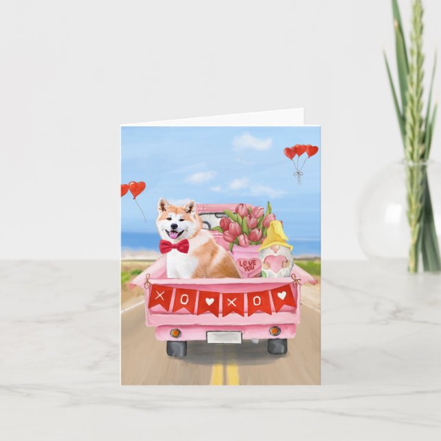Akita Dog Valentine's Day Truck Hearts  Card (Front)