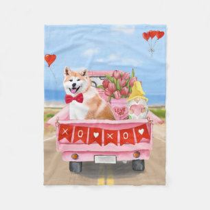 Akita Dog Valentine's Day Truck Hearts Fleece Blanket