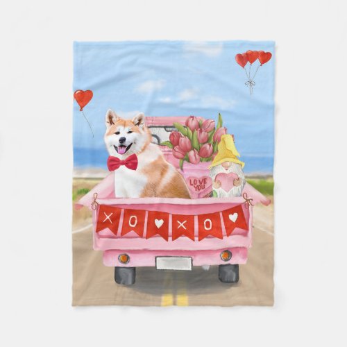 Akita Dog Valentines Day Truck Hearts Fleece Blanket