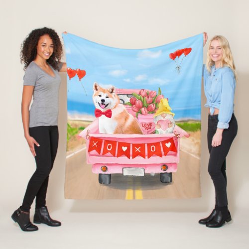 Akita Dog Valentines Day Truck Hearts Fleece Blanket