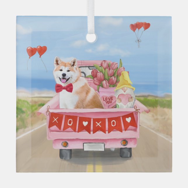 Akita Dog Valentine's Day Truck Hearts Glass Ornament (Front)