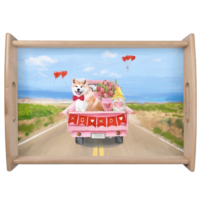 Akita Dog Valentine's Day Truck Hearts Serving Tray (Front)