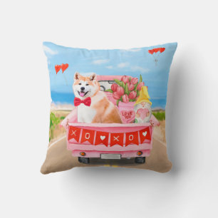 Akita Dog Valentine's Day Truck Hearts Throw Pillow
