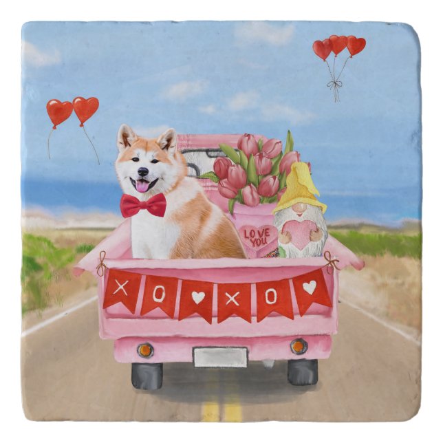 Akita Dog Valentine's Day Truck Hearts  Trivet (Front)