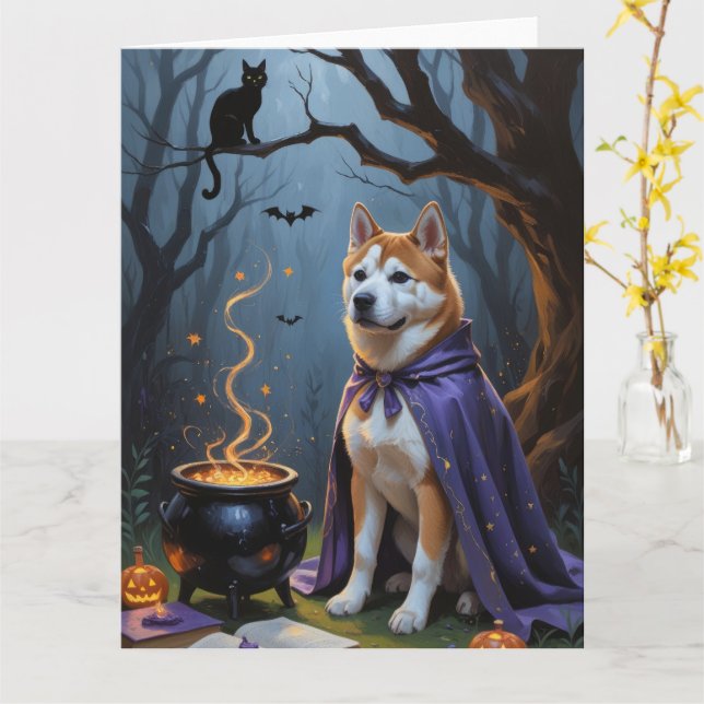 Akita Dog Whimsical Halloween Painting Card (Yellow Flower)