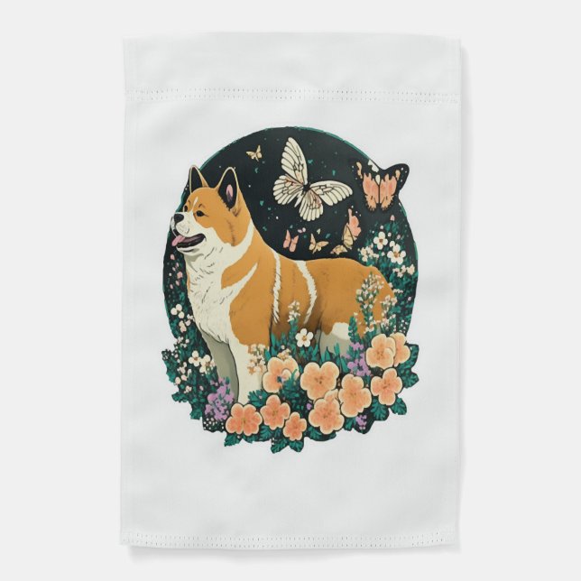 Akita Dog with Flower and Butterfly T Shirt Garden Flag (Front)