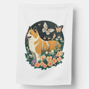 Akita Dog with Flower and Butterfly T Shirt House Flag