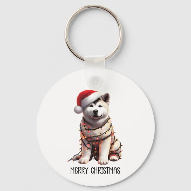 Akita Dog Wrapped In Christmas Light Keychain (Front)