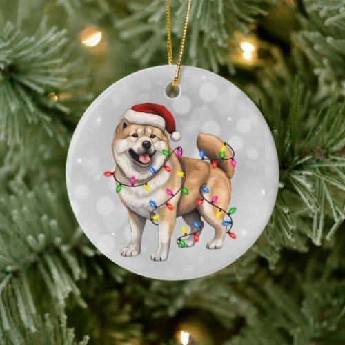 Akita Dog Wrapped in Christmas Lights  Ceramic Ornament