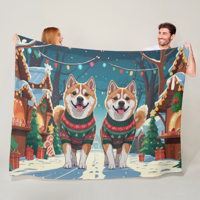 Akita Dogs Christmas Snow Holiday Fleece Blanket (In Situ)