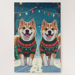 Akita Dogs Christmas Snow Holiday Jigsaw Puzzle