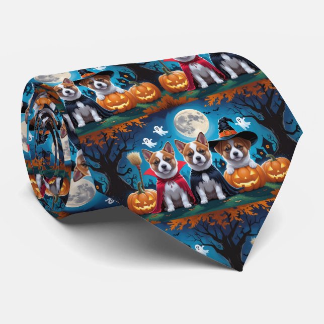 Akita Dogs Pumpkin Halloween Funny Neck Tie (Rolled)