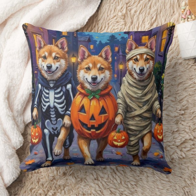 Akita Dogs Trick-or-Treating in Halloween Costumes Throw Pillow (Blanket)