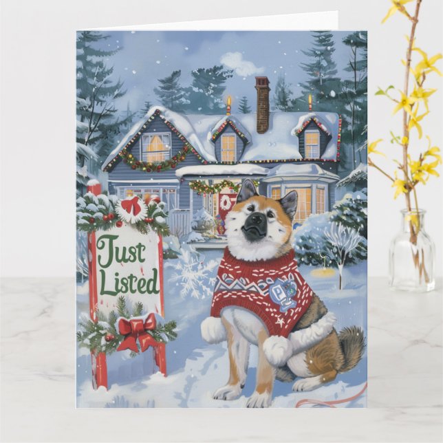 Akita Festive Humor Realtor Christmas Card (Yellow Flower)