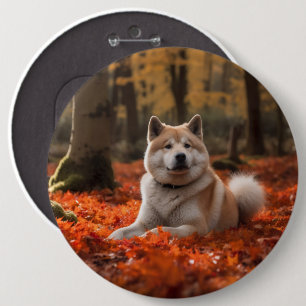 Akita in Autumn Leaves Fall Inspired Button