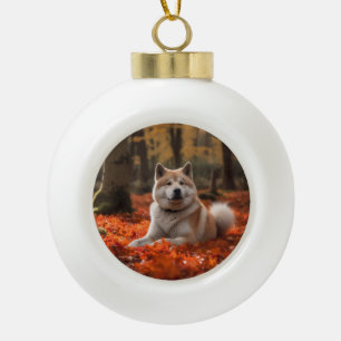 Akita in Autumn Leaves Fall Inspired Ceramic Ball Christmas Ornament