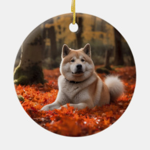 Akita in Autumn Leaves Fall Inspired Ceramic Ornament