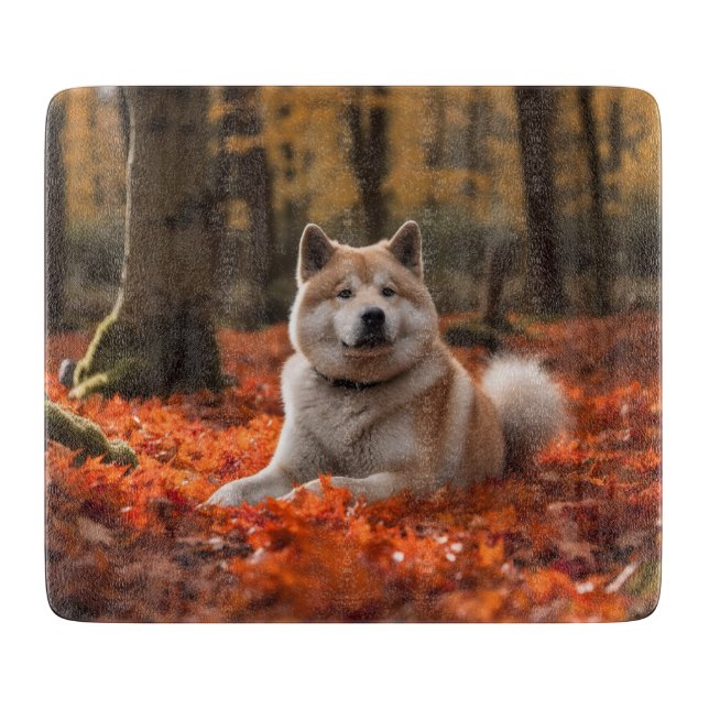 Akita in Autumn Leaves Fall Inspired Cutting Board (Front)