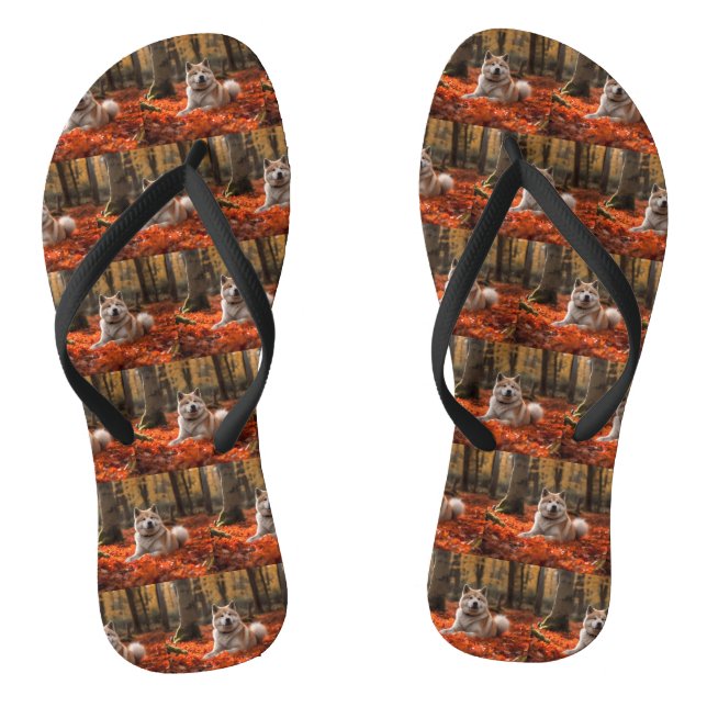 Akita in Autumn Leaves Fall Inspired Flip Flops (Footbed)