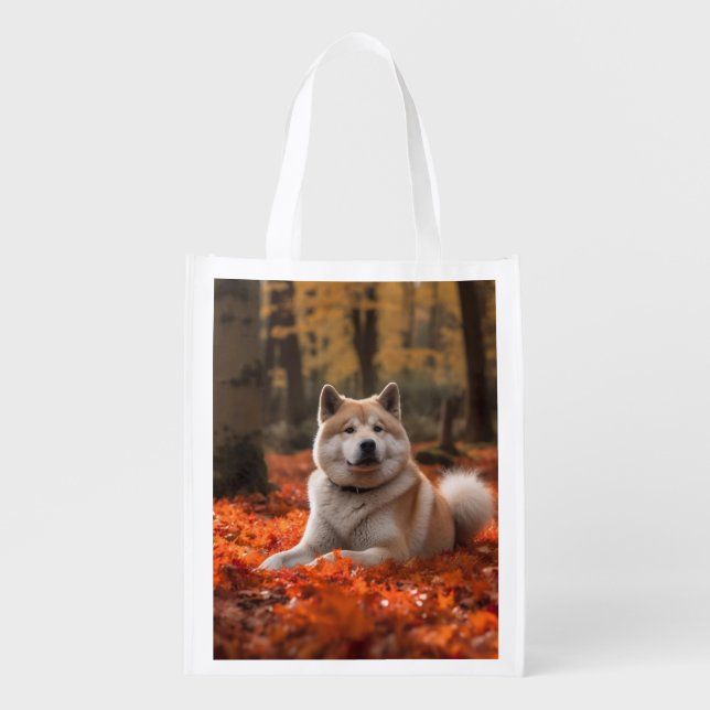Akita in Autumn Leaves Fall Inspired Grocery Bag (Front)