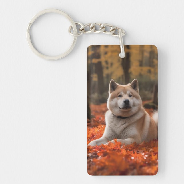 Akita in Autumn Leaves Fall Inspired Keychain (Front)