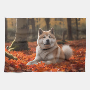 Akita in Autumn Leaves Fall Inspired Kitchen Towel