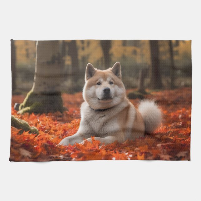 Akita in Autumn Leaves Fall Inspired Kitchen Towel (Horizontal)
