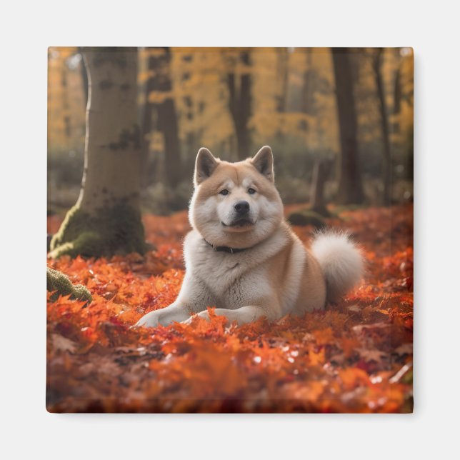 Akita in Autumn Leaves Fall Inspired Magnet (Front)