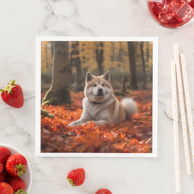 Akita in Autumn Leaves Fall Inspired Paper Dinner Napkins (Insitu)