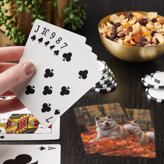 Akita in Autumn Leaves Fall Inspired Poker Cards (In Situ)