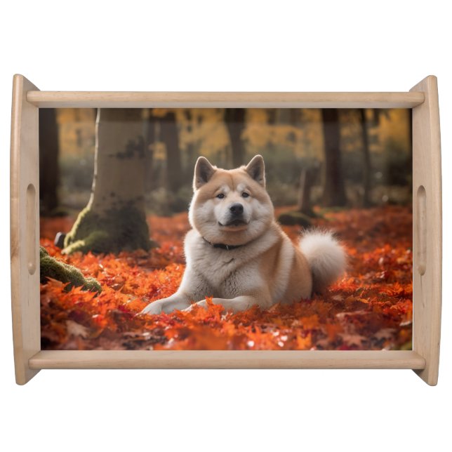 Akita in Autumn Leaves Fall Inspired Serving Tray (Front)