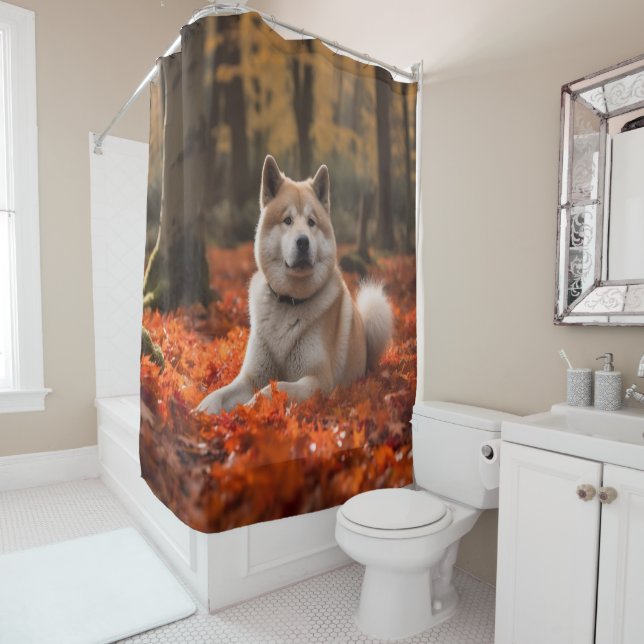 Akita in Autumn Leaves Fall Inspired Shower Curtain (In Situ)