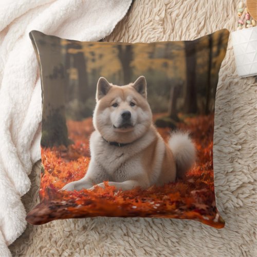 Akita in Autumn Leaves Fall Inspired Throw Pillow