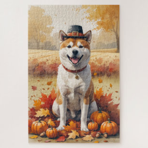 Akita in Autumn Leaves Thanksgiving Art Jigsaw Puzzle