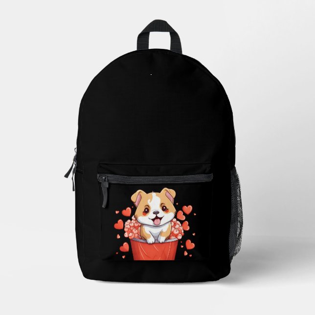 Akita In Hearts Basket Printed Backpack (Front)