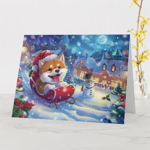 Akita in Sleigh Snow Christmas Card