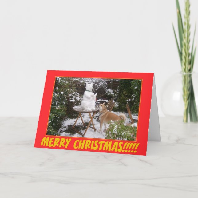 akita in the snow with snowman snow dog christmas holiday card (Front)