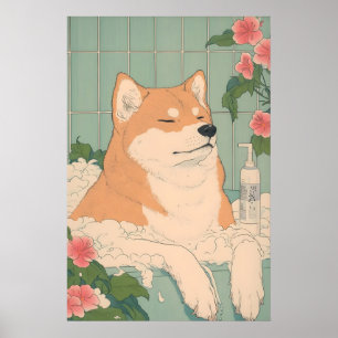 Akita Inu Bathroom Print Funny Dog in Bathtub