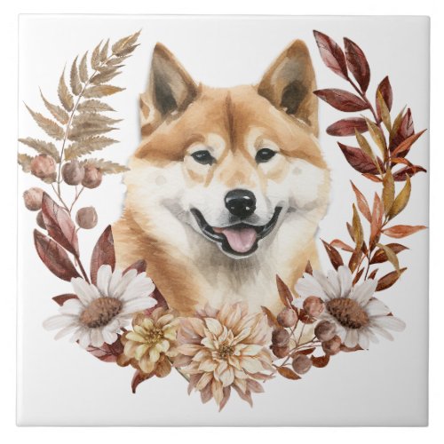 Akita Inu Dog Autumn Wreath Ceramic Tile