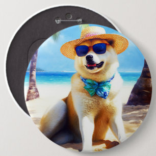 Akita on Beach, summer gift for dog lovers Gift Ta Button