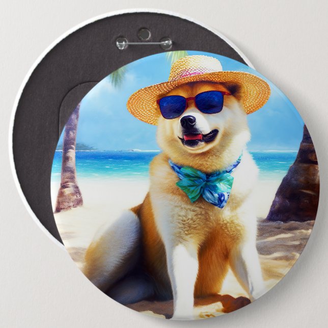 Akita on Beach, summer gift for dog lovers Gift Ta Button (Front & Back)
