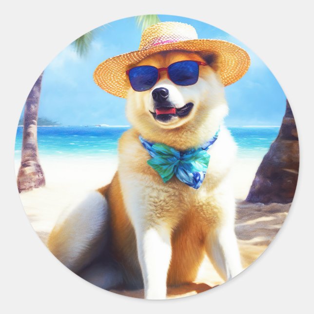 Akita on Beach, summer gift for dog lovers Gift Ta Classic Round Sticker (Front)