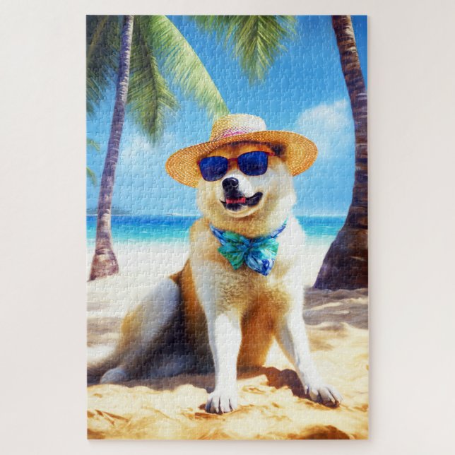 Akita on Beach, summer gift for dog lovers Gift Ta Jigsaw Puzzle (Vertical)