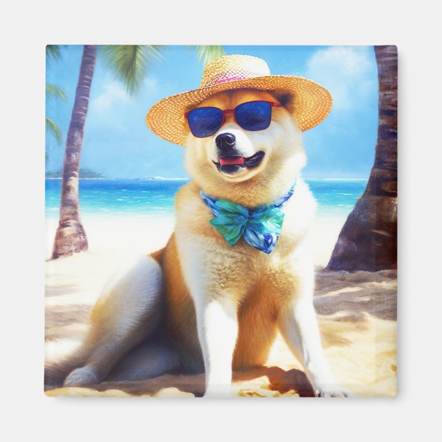 Akita on Beach, summer gift for dog lovers Gift Ta Magnet (Front)