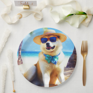 Akita on Beach, summer gift for dog lovers Gift Ta Paper Plates