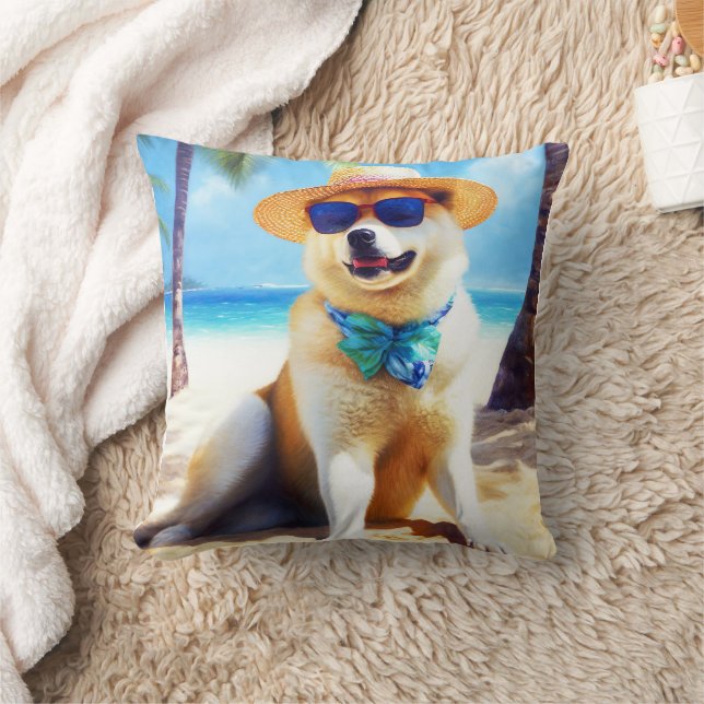 Akita on Beach, summer gift for dog lovers Gift Ta Throw Pillow (Blanket)