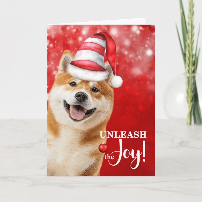 Akita or Shiba Inu Dog Unleash the Joy Christmas Holiday Card (Front)