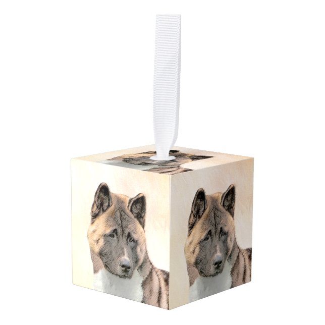 Akita Painting - Cute Original Dog Art Cube Ornament (Front Angled)